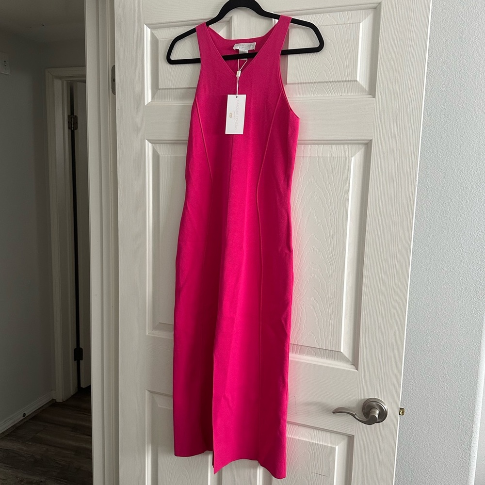 NWT Caroline Constas Pink Ribbed Dress M Stretch Knee Length Slit